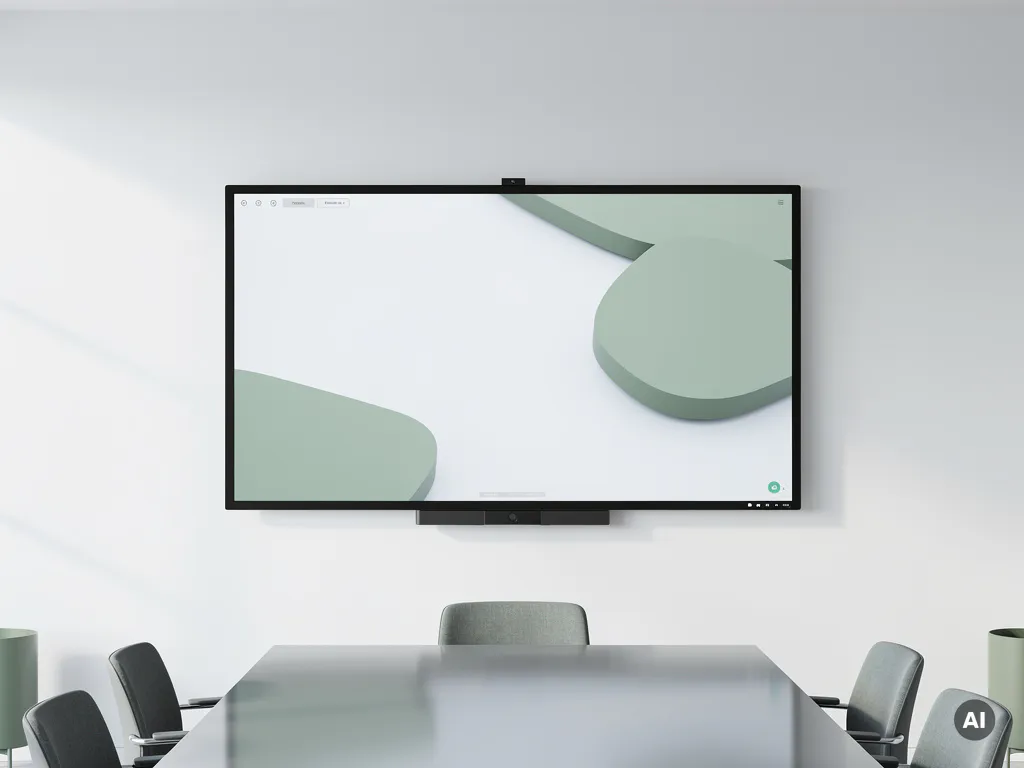 Groot 90-inch interactief touchscreen op witte muur in minimalistisch vergaderruimte met glazen conferentietafel.