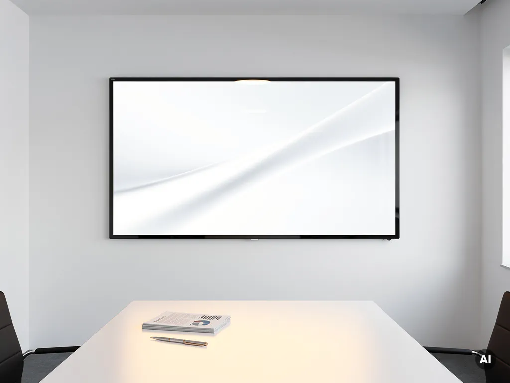 90-inch interactief touchscreen op witte muur in moderne vergaderruimte, met documenten en pen op strak bureau op de voorgrond.