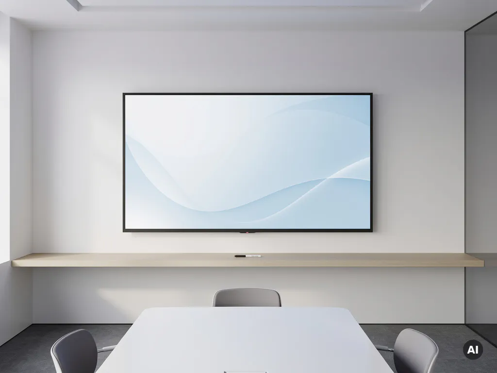 90-inch interactief touchscreen aan witte muur in moderne vergaderruimte, met een marker op de rand en zacht omgevingslicht.