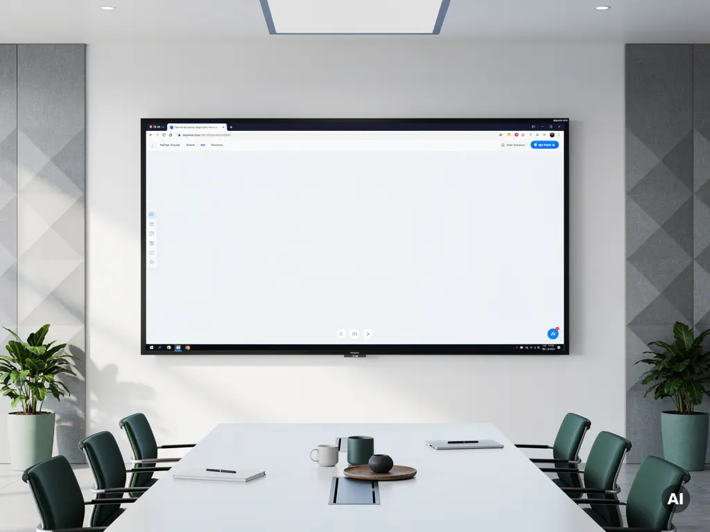 Groot 90-inch interactief touchscreen aan witte muur in moderne vergaderruimte met akoestische panelen en minimalistische conferentietafel.