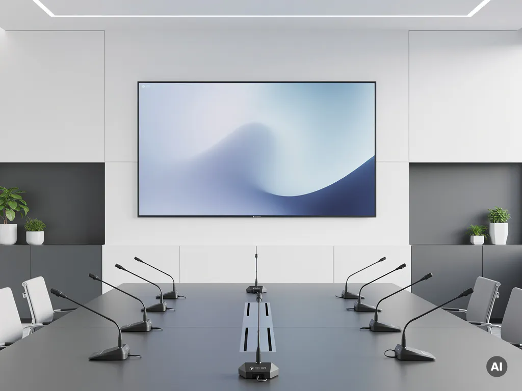 Groot 90-inch interactief touchscreen op witte muur in moderne vergaderruimte, met professionele microfoons op minimalistische tafel.