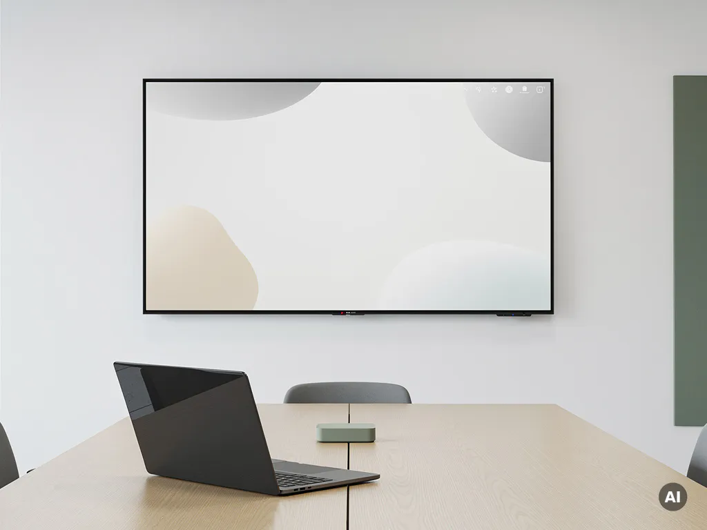 Groot interactief touchscreen van 90 inch aan witte muur in moderne vergaderruimte, met laptop op lichthouten tafel op de voorgrond.