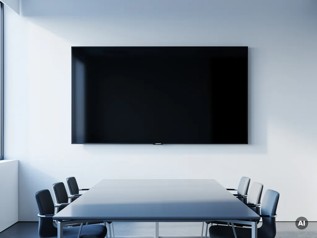 Groot 90-inch interactief touchscreen aan witte muur in moderne vergaderruimte met strakke conferentietafel op de voorgrond.