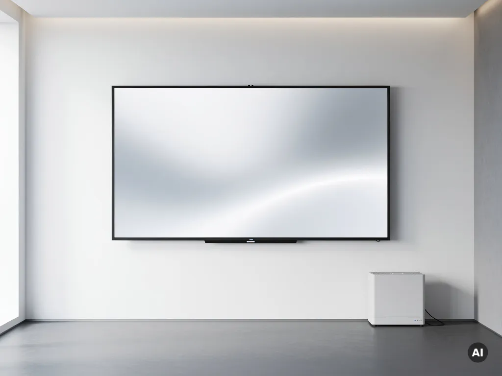 Groot 90-inch interactief touchscreen aan witte muur in moderne vergaderruimte, met compacte pc op de vloer ernaast.