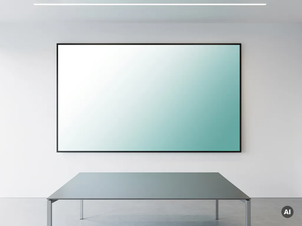 90-inch interactief touchscreen aan witte muur in moderne vergaderruimte met strak design en conferentietafel op de voorgrond.