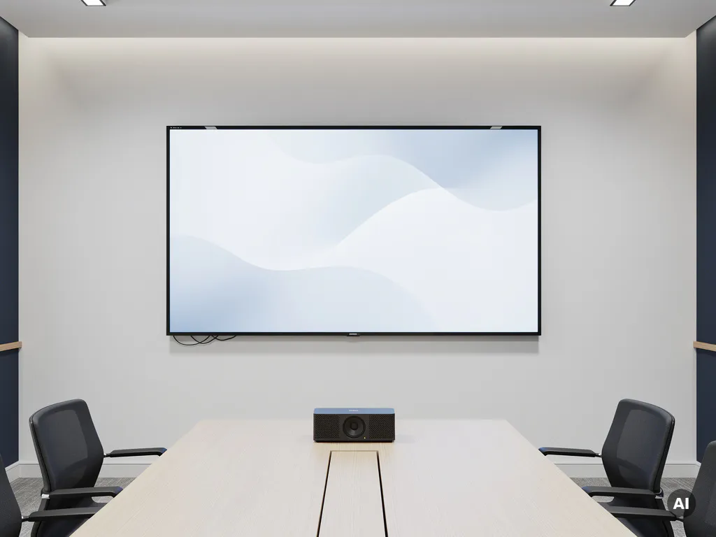 90-inch interactief touchscreen op witte vergaderzaalwand met compacte externe speaker op een houten tafel eronder.