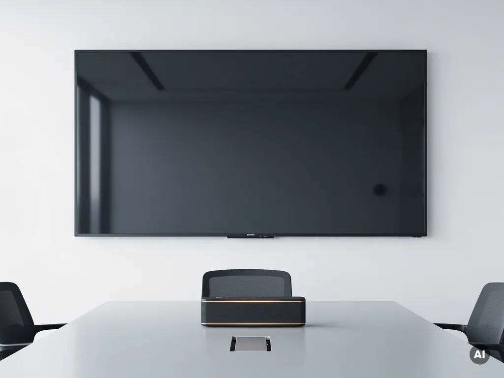 Groot interactief touchscreen van 90 inch aan witte muur in moderne vergaderruimte, met draagbare Bluetooth-speaker op minimalistische tafel.