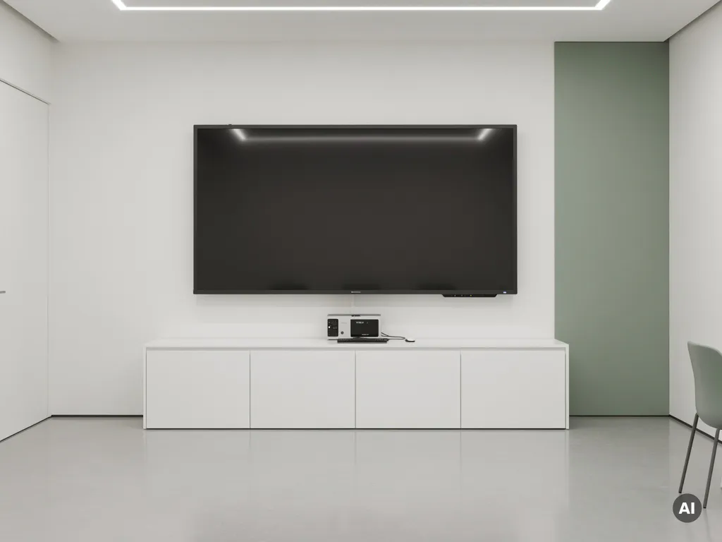 90-inch interactief touchscreen aan witte muur in minimalistische vergaderruimte, met geïntegreerde desktop-pc in het kabinet eronder.
