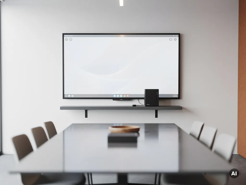 90-inch interactief touchscreen op witte muur in moderne vergaderruimte, met mini-pc ernaast en strakke conferentietafel.