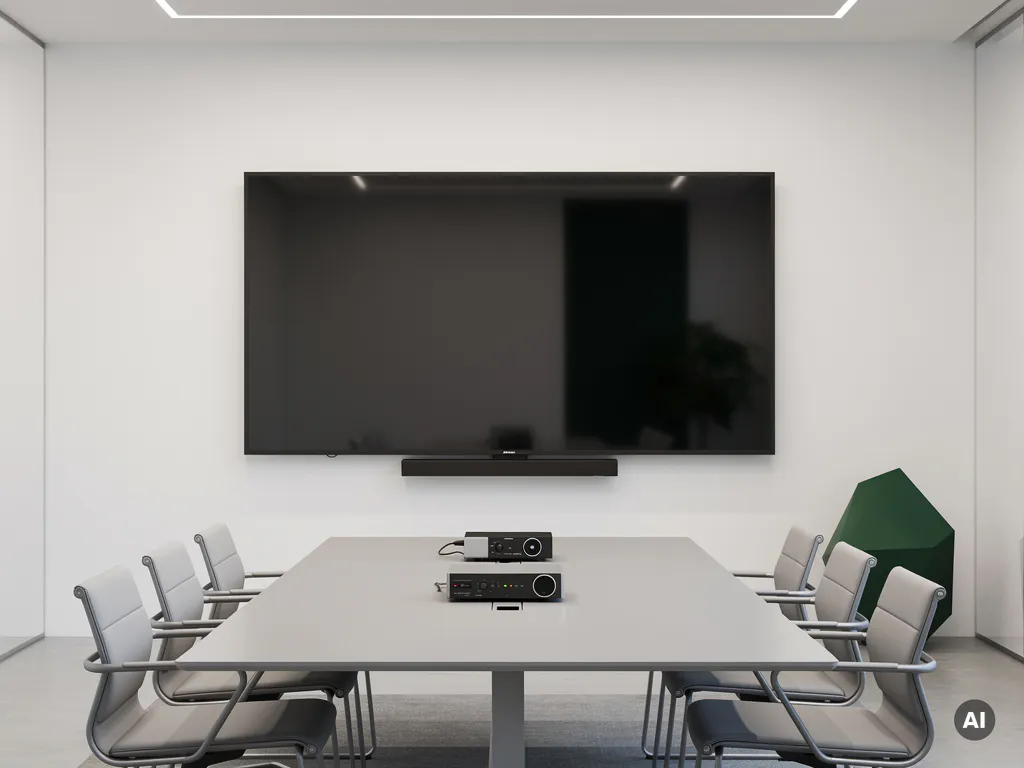 90-inch interactief touchscreen in minimalistische vergaderruimte met witte muren, strakke tafel en gedempte verlichting.