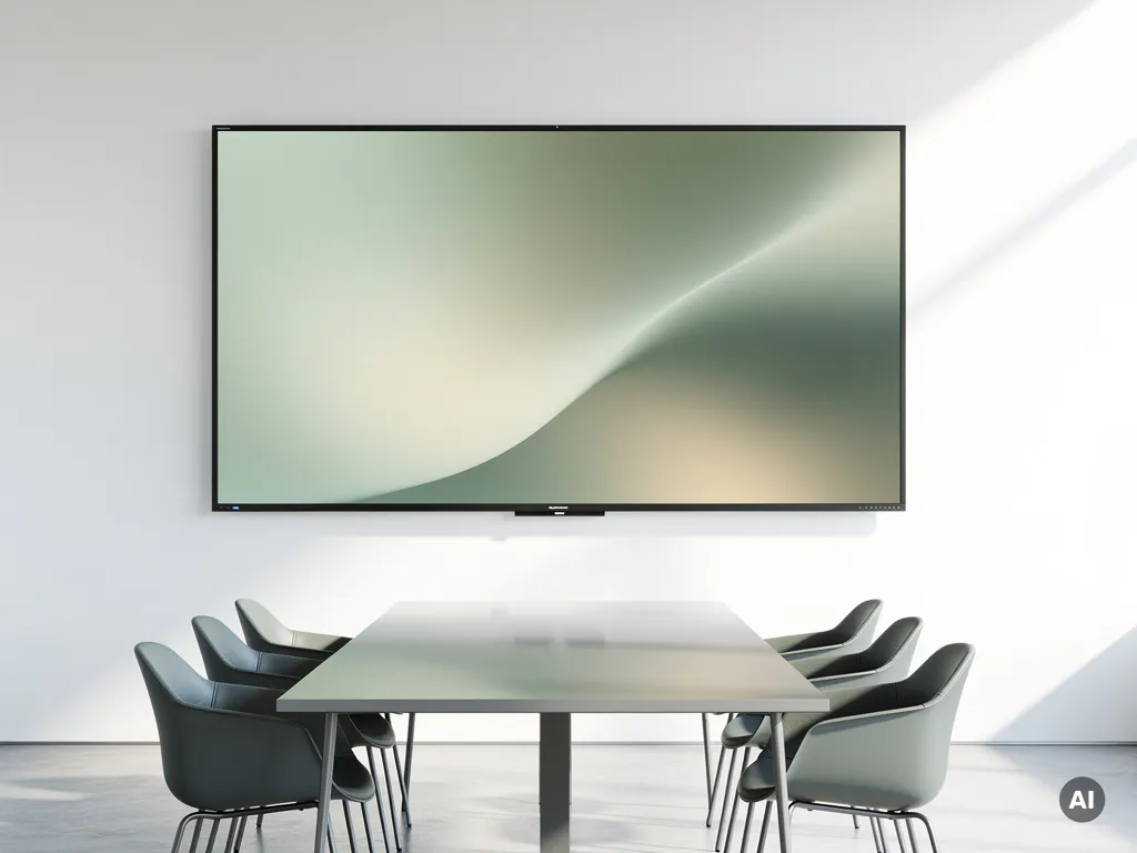 90-inch interactief touchscreen in moderne vergaderruimte met saliegroen en wit interieur, conferentietafel weerspiegeld in het scherm.
