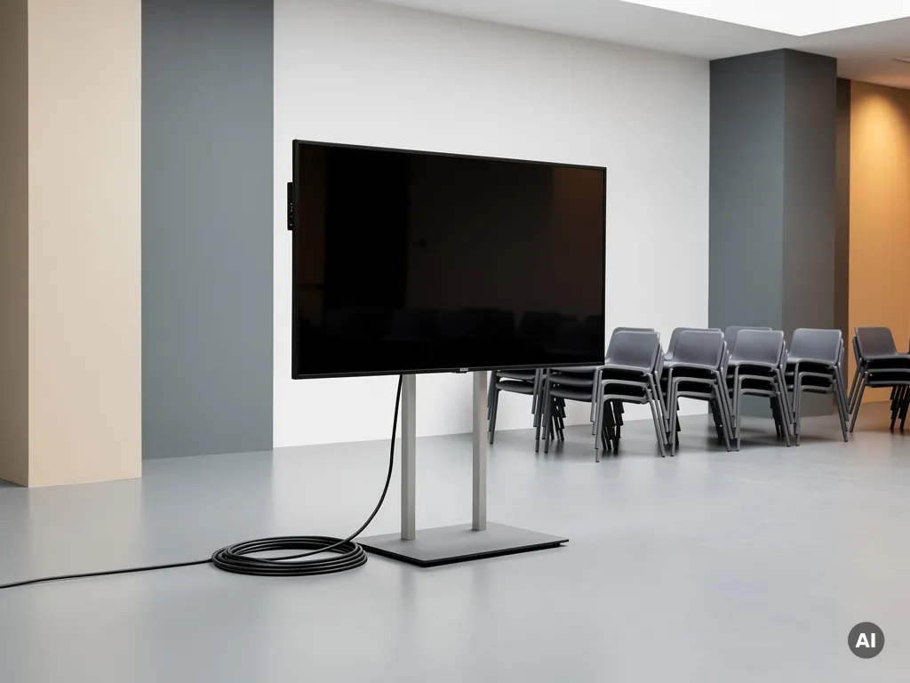 Groot 90-inch interactief touchscreen in minimalistische evenementenruimte, met netjes opgerold kabel en gestapelde stoelen op de achtergrond.