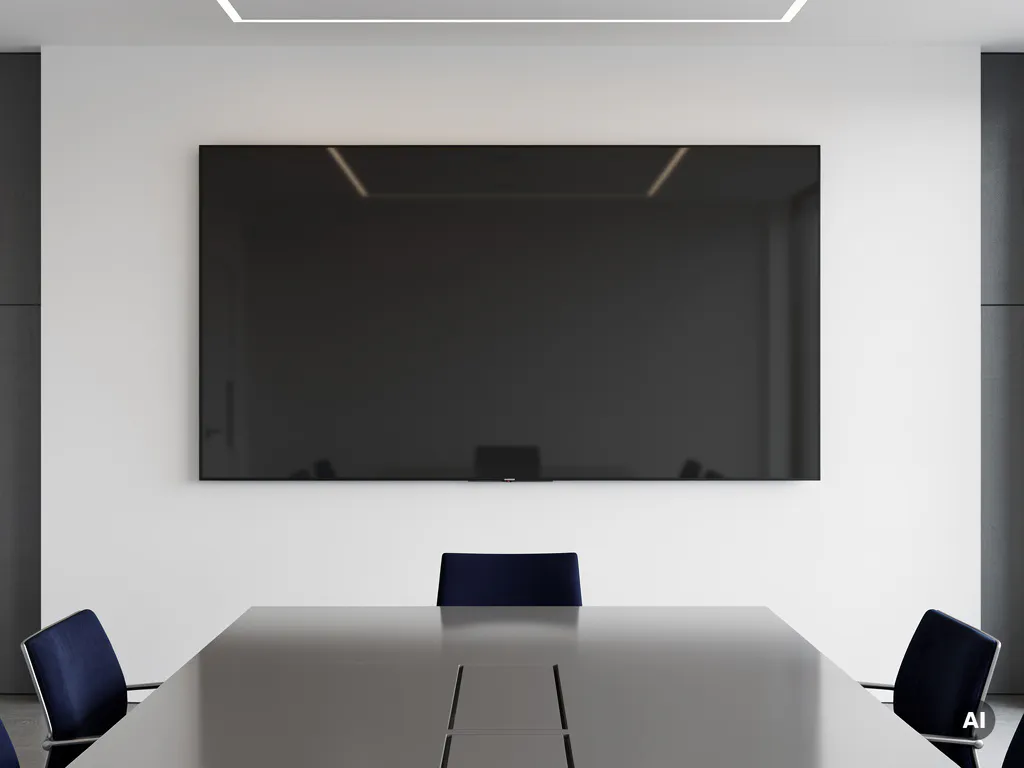Groot 90-inch interactief touchscreen videowall in een minimalistische vergaderruimte met glazen conferentietafel en zachte indirecte verlichting.