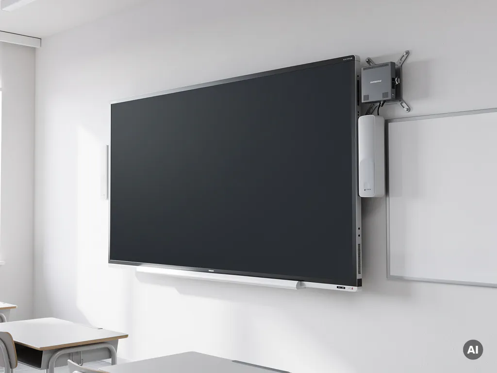 Mini-pc module via VESA-beugels gemonteerd op achterkant van een 90-inch interactief schoolbord in modern klaslokaal.