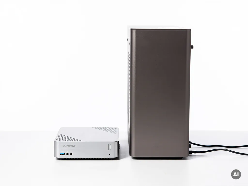 Mini-pc naast een volledige desktoptoren op wit oppervlak, het grootteverschil benadrukt de compactheid van de mini-pc.