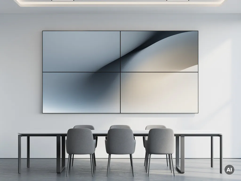 Naadloze videowall van negen grote schermen in een moderne vergaderruimte met een abstracte gradiënt in leisteenblauw en gebroken wit.