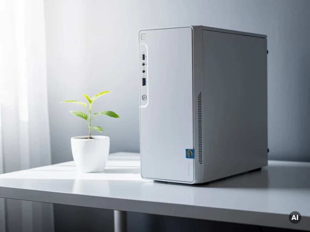 Gerefurbishde desktop pc-toren op wit bureau naast een groen plantje, symbool voor duurzaamheid en hernieuwde levensduur.