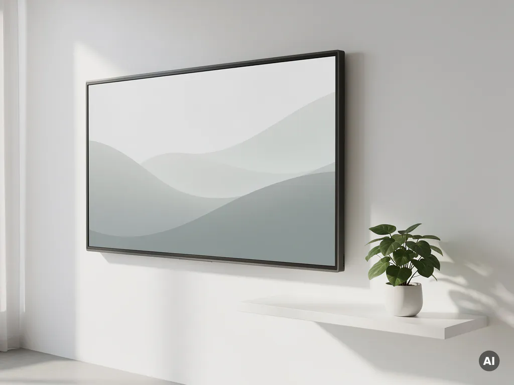 Gerefurbishd interactief touchscreen aan witte muur, naast klein groen plantje op minimalistische plank in zacht natuurlijk licht.