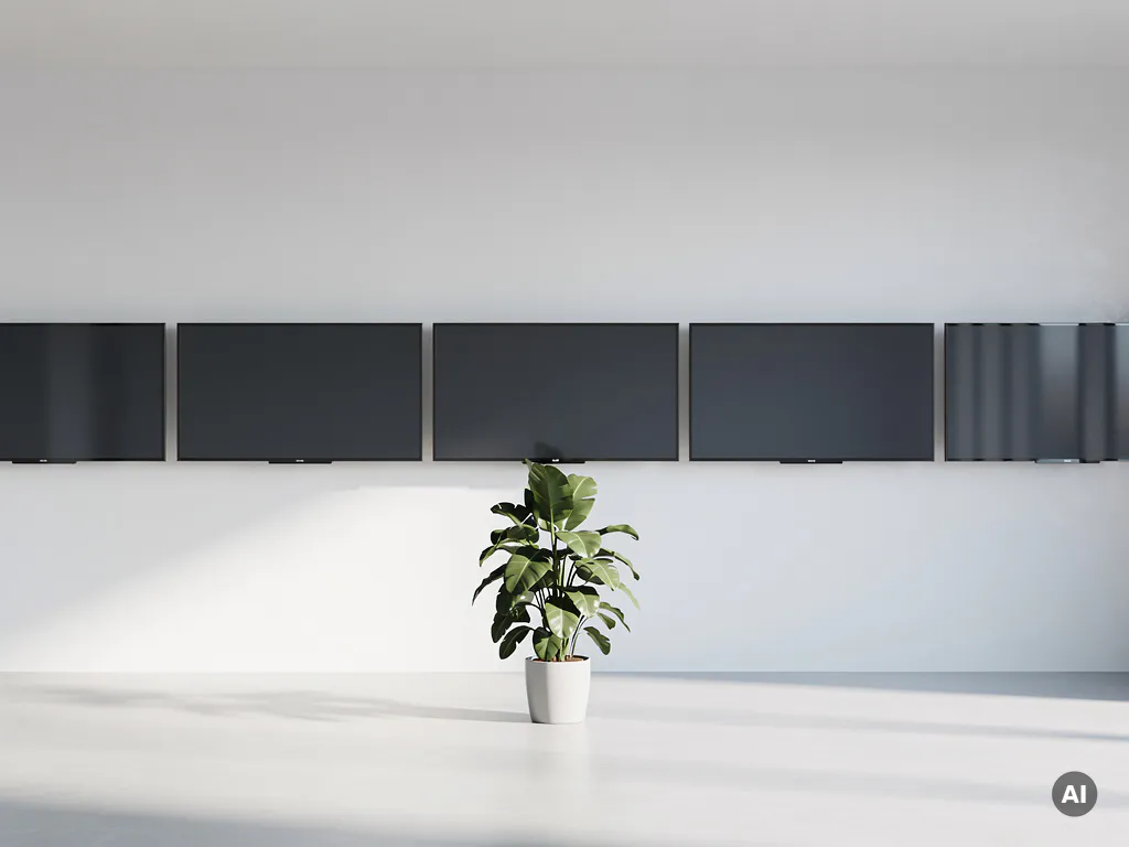 Rij professionele beeldschermen op gelijke hoogte aan witte conferentiezaalwand, met potplant op voorgrond en zachte indirecte verlichting.