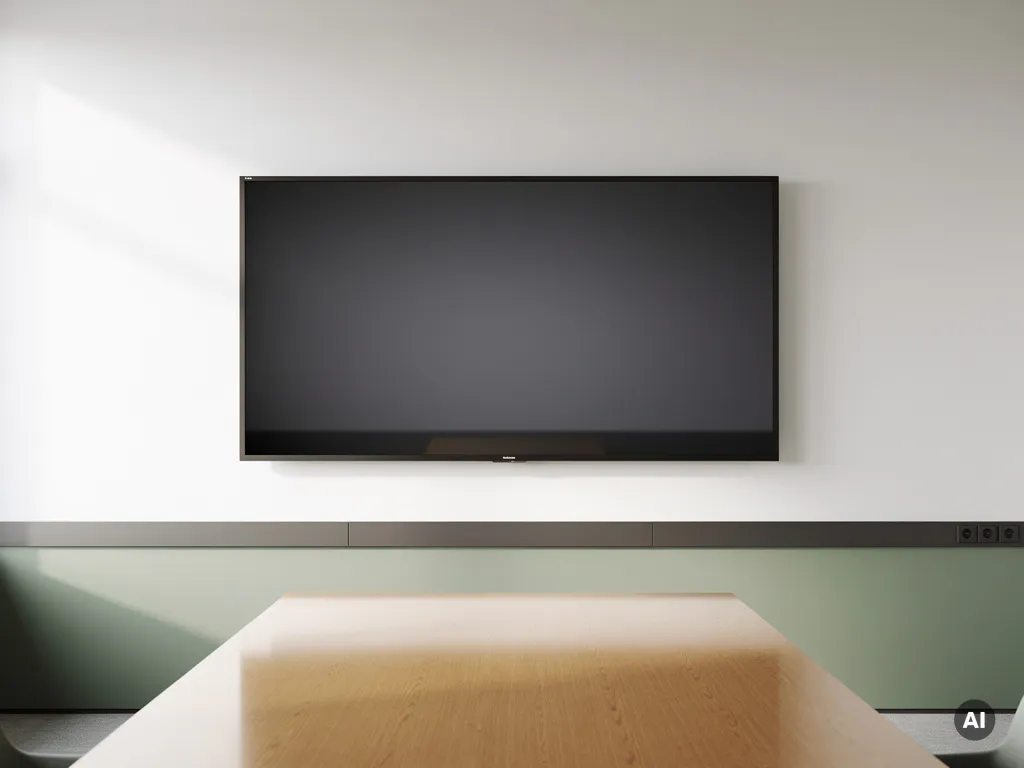 90-inch gereviseerd interactief touchscreen op witte vergaderzaalwand, eiken tafel eronder in natuurlijk daglicht.