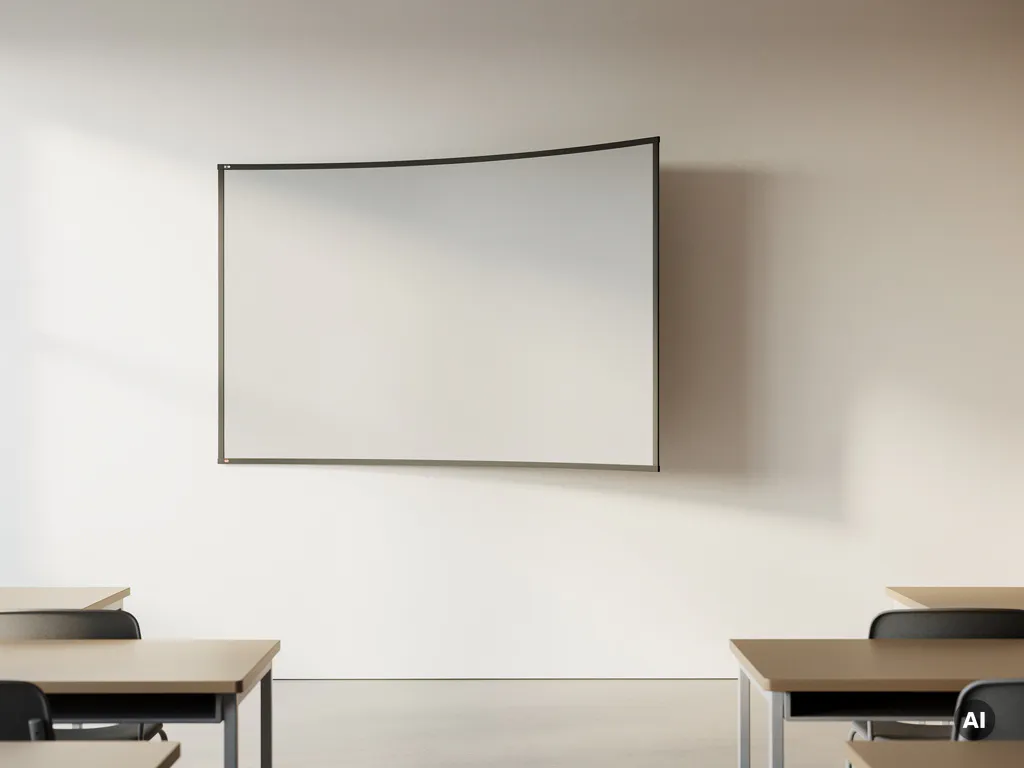 Flatscreen monitor aan witte muur met losgemaakt hoekpaneel dat naar voren kantelt, in een minimalistisch boardroom interieur.