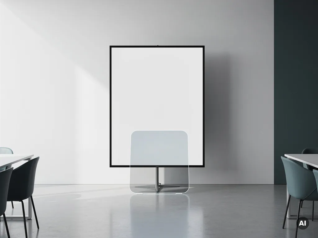 Groot 90-inch touchscreen in minimalistisch vergaderruimte met verzekeringsdocument aan de voet, koele grijstinten en gedempte teal.