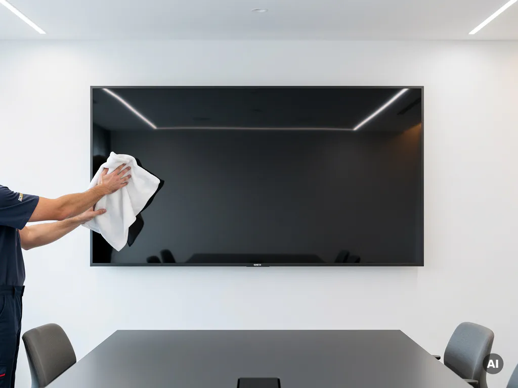 Technicus reinigt een groot 90-inch flatscreen in een moderne vergaderruimte met zachte microvezeldoek.