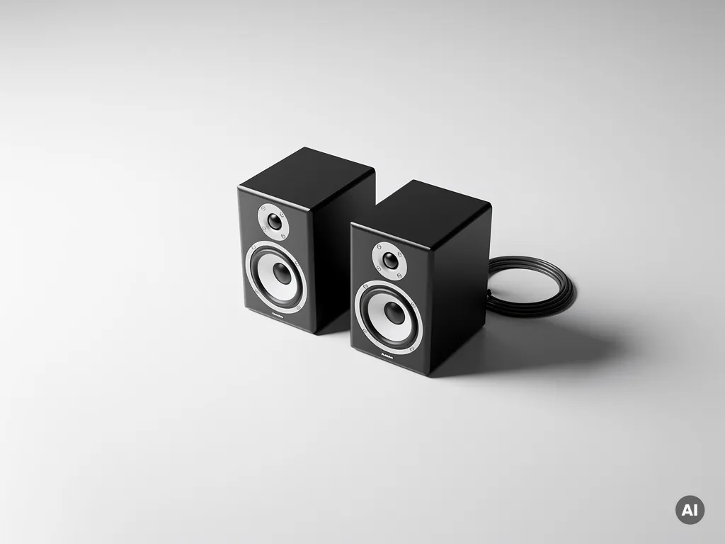 Twee matte zwarte studiomonitor speakers op wit oppervlak met subtiele kabels, gefotografeerd vanuit bovenaanzicht tegen grijze achtergrond.