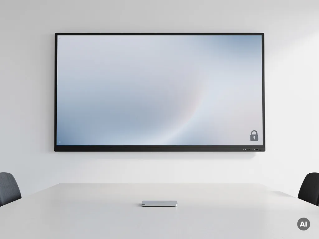 Groot touchscreen van 90 inch op witte muur in moderne vergaderruimte, met toegangspas op minimalistische desk.