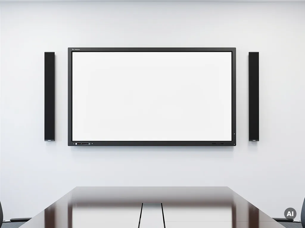 Groot 90-inch interactief vergaderscherm aan witte muur, geflankeerd door twee slanke speakers, met spiegelend tafeloppervlak in minimalistisch vergaderruimte.