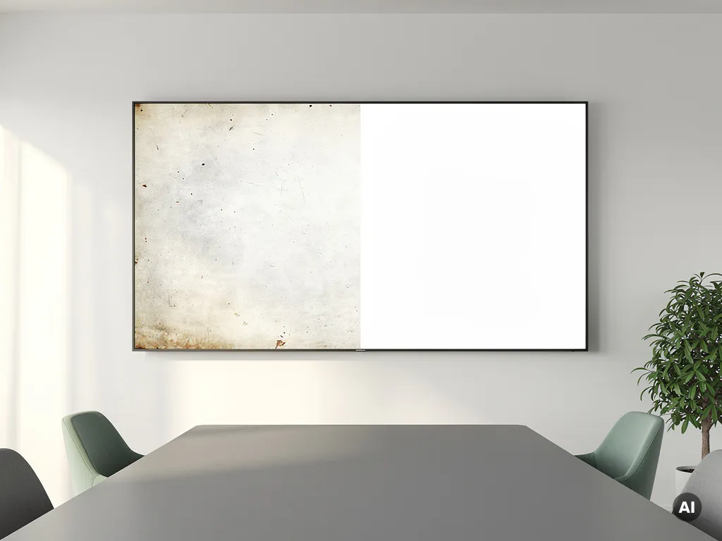 Grote 90-inch videowall in een strakke moderne vergaderruimte, met een naadloos paneel in warme wittinten en leisteengrijs.