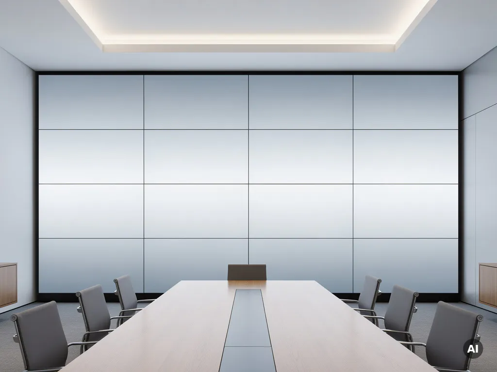 Naadloze videowall van meerdere grote schermen in een moderne vergaderruimte met een minimalistische eikenhouten tafel op de voorgrond.